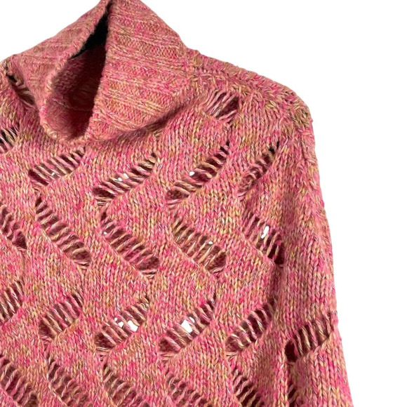 VINTAGE Sisley Open Knit Mock Neck Sweater Poncho in Pink Multi OS - Picture 3 of 7